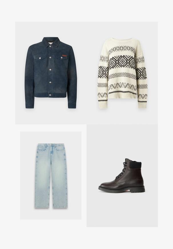 Veste en daim bleu foncé avec fermetures à boutons argentés, deux poches poitrine à boutons, et un petit patch de marque en cuir marron sur la poitrine gauche.; Pull en tricot crème avec des motifs géométriques noirs. Il dispose d'un col rond, de manches tombantes et d'un ourlet et de poignets côtelés.; Jean en denim bleu clair, taille haute, avec une coupe droite, texture décolorée et un style classique à cinq poches.; Botte de cheville en cuir marron foncé avec un collier rembourré noir, des lacets noirs et une épaisse semelle noire avec une texture en relief.