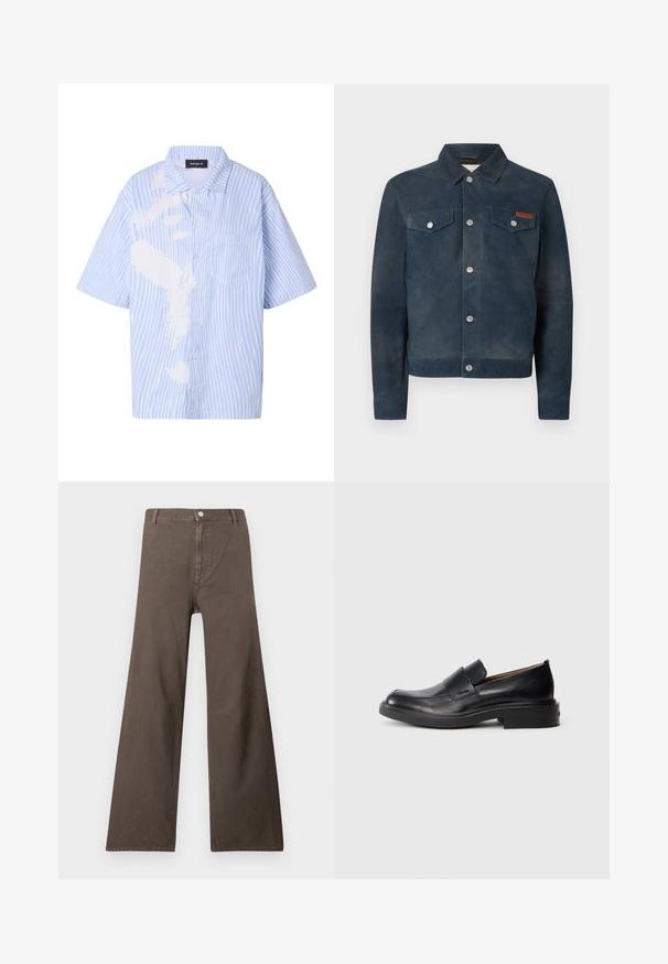 Veste en daim bleu foncé avec fermetures à boutons argentés, deux poches poitrine à boutons, et un petit patch de marque en cuir marron sur la poitrine gauche.; Chemise à manches courtes boutonnée avec des rayures verticales bleu clair et blanc et une poche poitrine sur le côté gauche.; Pantalons larges marron à taille haute, fermeture à bouton, passants de ceinture et détails de couture visibles sur les jambes.; Chaussure habillée noire en cuir, à enfiler, avec un petit talon et un logo Calvin Klein discret sur le côté, présentée de profil sur un fond blanc.