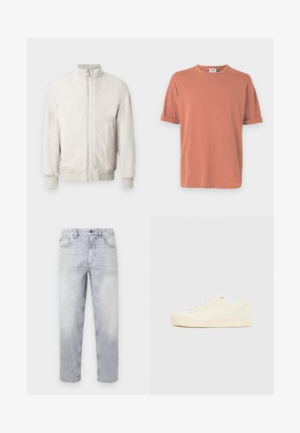 Veste bomber en cuir gris clair avec col montant, fermeture éclair et poignets côtelés. Comprend deux poches latérales zippées. Texture lisse.; T-shirt à manches courtes de couleur rose poussière, en tissu doux, avec un col rond et des manches retroussées, offrant une coupe décontractée.; Jean en denim gris clair délavé pierre avec fermeture par bouton et fermeture éclair, poches avant et arrière, coupe droite.; Baskets couleur crème avec une tige en cuir lisse, bout arrondi, laçage à l'avant et semelle en caoutchouc texturée. Design minimaliste, sans logo.
