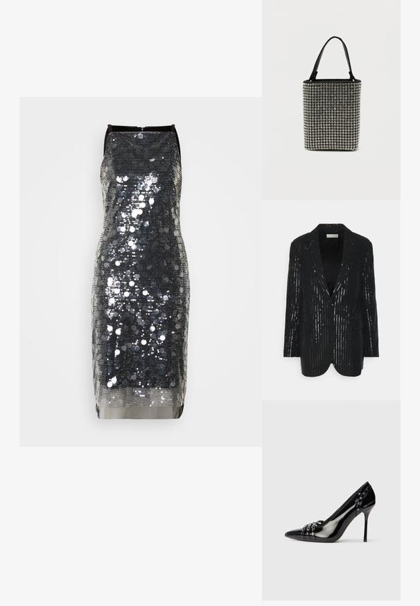Sort blazer med vertikale pailetstriber, to knapper, reverskrave, strukturerede skuldre og forlommer. Glat tekstur med let glans.; Sort og sølv glitrende kjole med en tætsiddende design, ærmeløs skæring og glat stofbund. Har en lynlås i ryggen til lukning.; Sorte patentlæder stiletto hæl sko med spids tå, tre dekorative remme med nitter, og "Karl Lagerfeld" branding på hælen.; Sort håndtaske dækket med rektangulære sølv-nitter, med to sorte håndtag og en struktureret, rektangulær form. Solid bund.