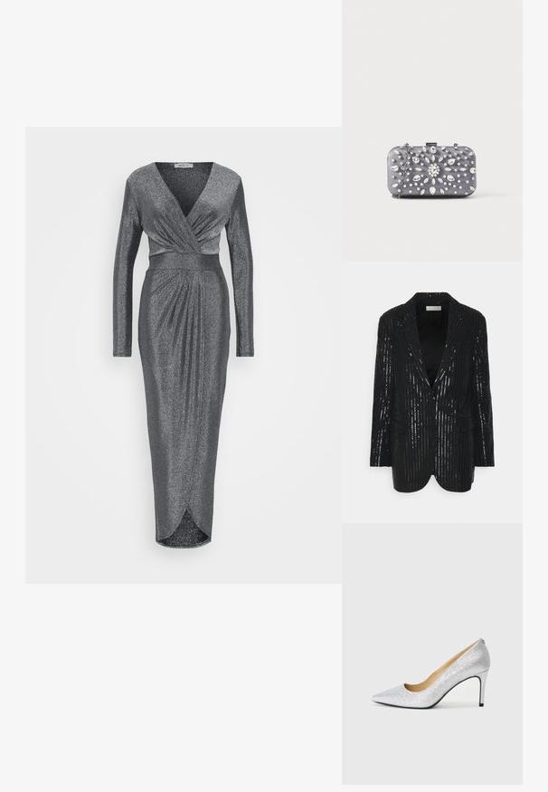 Must küllane bleiser, vertikaalsete sequin ribadega, kahe nupuga, notch-lapelsidega, struktureeritud õlgadega ja esikottidega. Sile tekstuur kerge läikega.; WAL G TALL LOLA GLITTER WRAP DRESS - Pidulikud riided - silver; Hõbedane sädelev kõrge kontsaga king, millel on terav nina ja sile sisepind. Konts on õhuke, mis täiustab elegantselt voolavat disaini.; Väike ristkülikukujuline tumehall käekott, kaunistatud selgete kristallidega kiirgavas mustris ja hõbedase kettaga rihm.