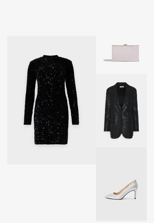 Čierny blazer s vertikálnymi pruhmi z flitrov, dvoma gombíkmi, klopovými límci, štruktúrovanými ramenami a prednými vreckami. Hladká textura s jemným leskom.; Čierne šaty s dlhým rukávom, posiate flitrami, s vysokým výstrihom, priliehajúcim strihom a textúrovaným povrchom, s krátkou dĺžkou a lesklými akcentmi.; Strieborný glitrový lodičkový topánok s špicatou špičkou a hladkým vnútorným podšívaním. Opätok je tenký, čím zvyšuje elegantný dizajn.; Obdĺžniková strieborná trblietavá kabelka s kovovým rámom a zapínaním, vrhajúca tieň na bielom pozadí.
