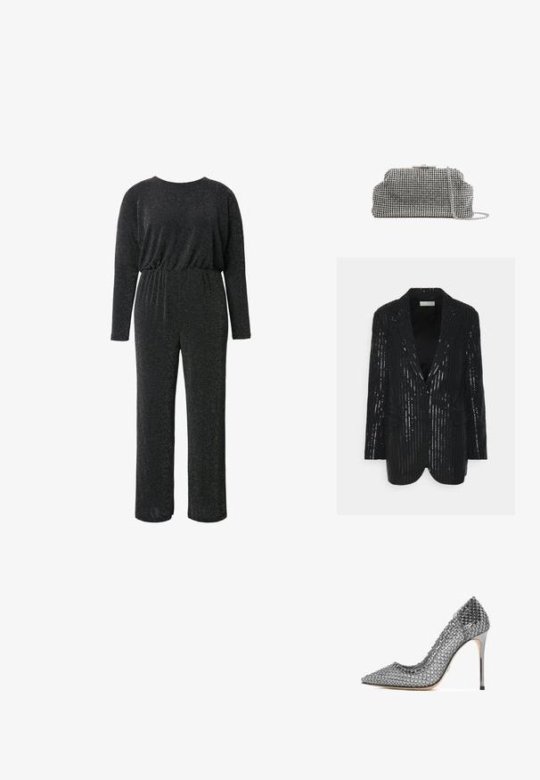 Sort blazer med vertikale pailetstriber, to knapper, reverskrave, strukturerede skuldre og forlommer. Glat tekstur med let glans.; Sort jumpsuit lavet af et struktureret, glitrende stof, med lange ærmer, rund halsudskæring, elastisk talje og vide benåbninger.; Sølvfarvet højhælet pumpe med meshstof dækket af runde reflekterende nitter, spids tå og slank metalstiletthæl.; Reiss ADALINE EMBELLISHED - Clutches - silver coloured