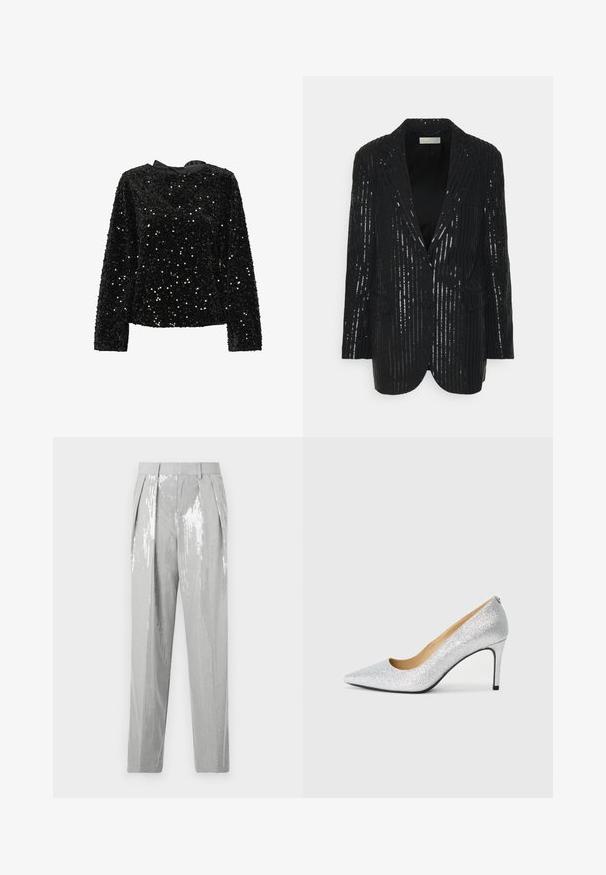 Čierny blazer s vertikálnymi pruhmi z flitrov, dvoma gombíkmi, klopovými límci, štruktúrovanými ramenami a prednými vreckami. Hladká textura s jemným leskom.; Čierny top s dlhým rukávom a okrúhlym výstrihom, pokrytý flitrami, so saténovou stužkou na zadnej strane. Textúrovaný povrch s rôznymi veľkosťami flitrov pre lesk.; Good American SUITING GOOD TROUSER - Nohavice - grey; Strieborný glitrový lodičkový topánok s špicatou špičkou a hladkým vnútorným podšívaním. Opätok je tenký, čím zvyšuje elegantný dizajn.