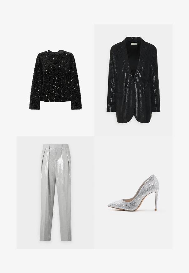 Čierny blazer s vertikálnymi pruhmi z flitrov, dvoma gombíkmi, klopovými límci, štruktúrovanými ramenami a prednými vreckami. Hladká textura s jemným leskom.; Čierny top s dlhým rukávom a okrúhlym výstrihom, pokrytý flitrami, so saténovou stužkou na zadnej strane. Textúrovaný povrch s rôznymi veľkosťami flitrov pre lesk.; Good American SUITING GOOD TROUSER - Nohavice - grey; Strieborná lodička na vysokom opätku s špicatou špičkou, zdobená kamienkami, hladkou textúrou a stiletto opätkom, ktorý sa zužuje na úzky základ.