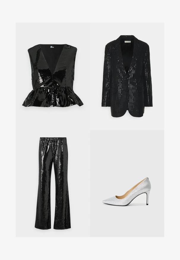 Sort blazer med vertikale pailetstriber, to knapper, reverskrave, strukturerede skuldre og forlommer. Glat tekstur med let glans.; Sort pailletetop med dyb V-udskæring, ærmeløs design og peplum-omstilling. Har en glat indvendig foring og en skinnende, reflekterende tekstur.; Sorte palietterbukser med en flagrende design, der har en strækbar talje og en skinnende tekstur, der reflekterer lys. Lodret palietmønster.; Sølvglitrende højhælede pumps med spids tå og glat inderside. Hælen er tynd og fremhæver det slanke design.