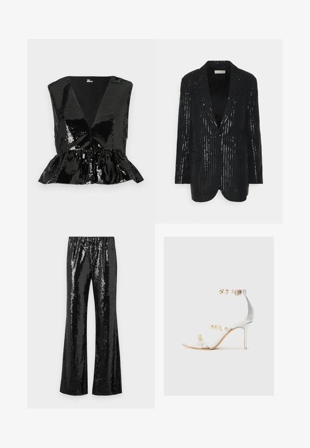 Sort blazer med vertikale pailetstriber, to knapper, reverskrave, strukturerede skuldre og forlommer. Glat tekstur med let glans.; Sort pailletetop med dyb V-udskæring, ærmeløs design og peplum-omstilling. Har en glat indvendig foring og en skinnende, reflekterende tekstur.; Sorte palietterbukser med en flagrende design, der har en strækbar talje og en skinnende tekstur, der reflekterer lys. Lodret palietmønster.; Gennemsigtig hæl sandal med transparente stropper dekoreret med guldnitter, slank hæl og åben tå design med en glat, blank finish.