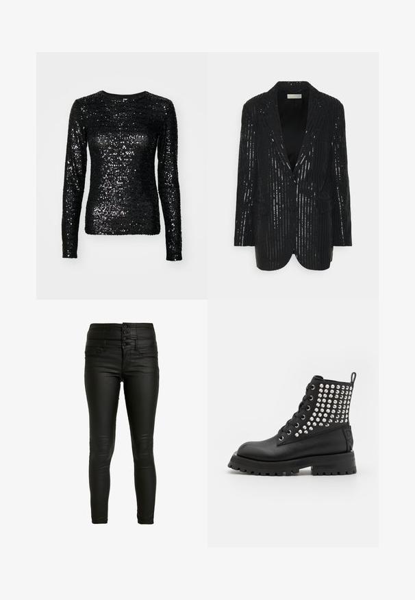 Must küllane bleiser, vertikaalsete sequin ribadega, kahe nupuga, notch-lapelsidega, struktureeritud õlgadega ja esikottidega. Sile tekstuur kerge läikega.; Must mustär särg, millel on pikad varrukad ja mille pind on kaetud sektsioonidega. Särgil on ümmargune kaelus ja vormiline siluett, pakkudes sileda tekstuuri peegeldavate detailidega.; ONLY ONLCORAL CORSAGE ROCK COATED - Püksid - black; Mustad mustad lähedal asuvad mustad kingad siledast nahast, millel on hõbedased nupud külgedel, metallist silmad ja tükiline tall.