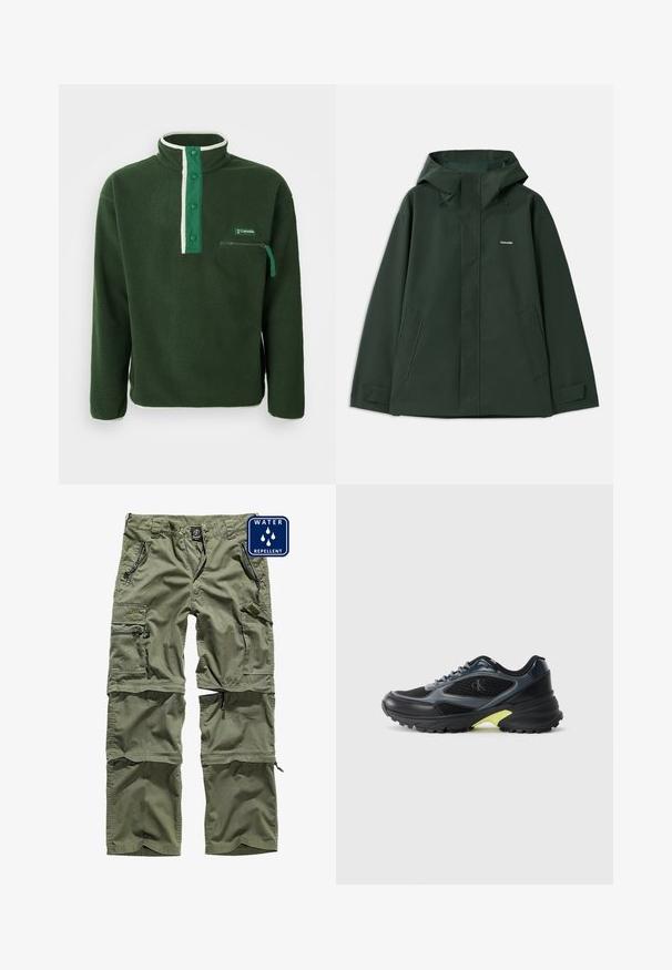 Groene waterdichte jas met capuchon, voorzien van een voorkeursrits, twee zijzakken en een klein logo op de borst. Glad van structuur.; Groene fleece pullover met een hoge kraag, voorzien van een contrasterende witte rits, drukknoopjes en een ritszak op de borst. Gelaagd stof.; Groene waterdichte cargobroek met meerdere ritszakken, verstelbare boorden en een duurzame stof. Bevat een logostuk aan de voorkant.; Zwarte en grijze sport sneaker met mesh panelen, een gestructureerde zool en een gele accent aan de hiel. Heeft veters en een logo aan de zijkant.