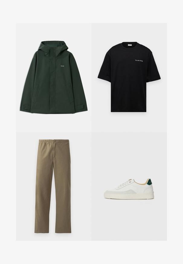 Veste imperméable verte avec capuche, dotée d'une fermeture éclair à l'avant, de deux poches latérales et d'un petit logo sur la poitrine. Texture lisse.; T-shirt en coton noir avec une coupe décontractée, des manches courtes et un logo blanc "FILLING PIECES" sur la poitrine gauche. Texture lisse.; Pantalons kaki en tissu léger. Dotés d'une taille élastique, d'une fermeture à boutons, de jambes droites et d'une texture lisse.; Baskets blanches avec des accents en daim, bout arrondi, lacets plats et semelle en caoutchouc crème. Présente une marque verte sur le talon.