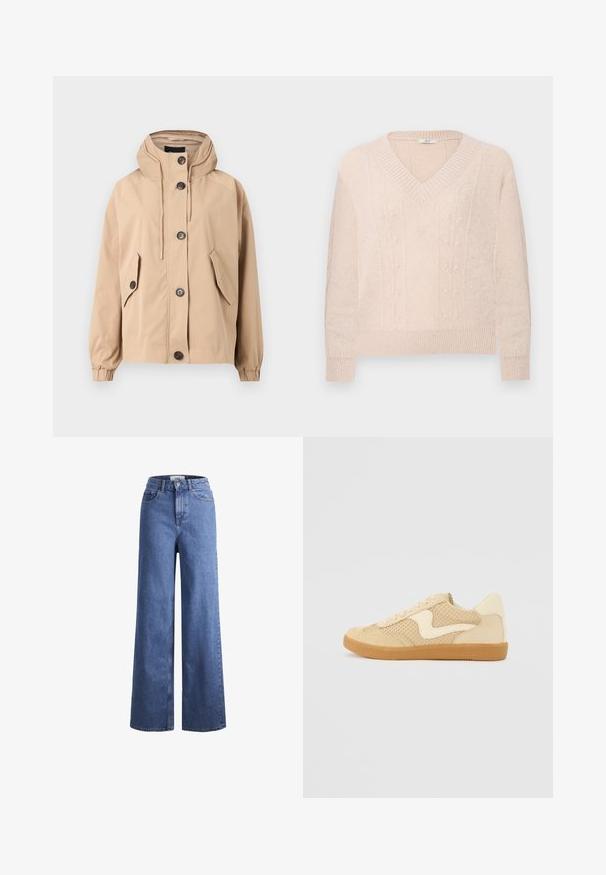 Beige hættejakke med afslappet pasform. Har fire frontlommer, knaplukninger og elastiske manchetter. Glat stof med mat finish.; Lys beige strikket sweater med V-hals, ribbede manchetter og kant, med diskrete vertikale blomster kabelstrik mønstre på forsiden.; Lyseblå denim brede bukser med høj talje, to frontlommer og synlige stikninger. Har en knap- og lynlåslukning.; Beige sneakers med ruskind og mesh-materialer, rund form, fremtrædende polstret krave og en gummikondisko. Har et bølge-design som accent.