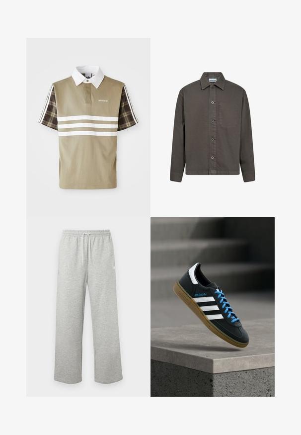 Donkergrijs overhemd met knoopsluiting, gemaakt van een duurzame stof, met een puntige kraag, een borstzak en zes knopen langs de sluiting.; Polo shirt in olijfgroen met witte strepen en een geruit patroon op de korte mouwen. Heeft een witte kraag en een logo op de borst.; Lichtgrijze joggingbroek met trekkoord, elastische tailleband en losse, rechte pijpen, afgebeeld op een effen achtergrond.; Zwarte Adidas-sneaker met witte strepen, blauwe veters en een gumzool die boven een grijze betonnen trede zweeft in zacht licht.