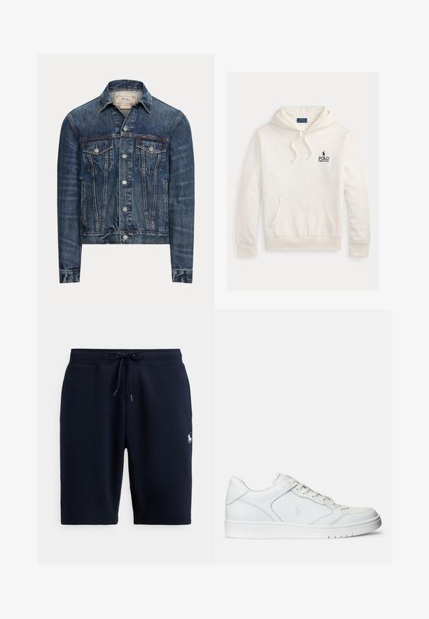 Veste en jean bleue avec fermeture par boutons, deux poches poitrine à rabat, poches latérales et coutures apparentes, étiquetée Polo Ralph Lauren à l'intérieur du col.; Sweat à capuche Polo Ralph Lauren blanc avec poche kangourou à l'avant, capuche à cordon de serrage et texte logo bleu marine avec emblème cheval et cavalier sur la poitrine.; Shorts de sport en coton bleu marine avec taille élastique, cordon de serrage et logo sur le côté gauche. Texture lisse, longueur au genou.; Baskets en cuir blanc avec une texture lisse, présentant un bout perforé, un système de laçage et un logo brodé sur le côté. Semelle en caoutchouc blanc.