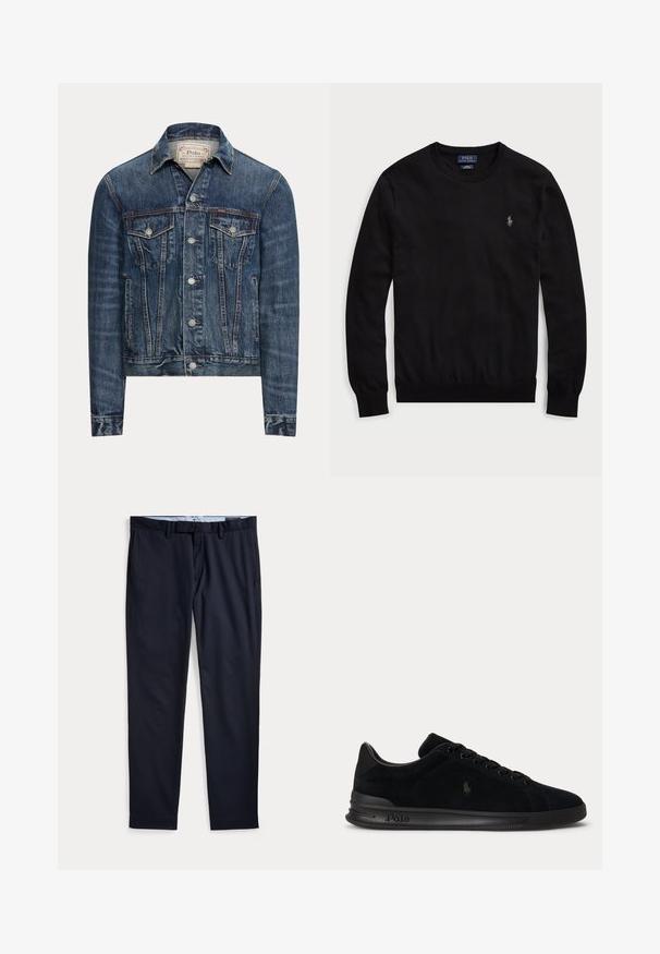 Blå denimjakke med knaplukning, to brystlommer med klap, sidelommer og synlig syning, mærket Polo Ralph Lauren indeni kraven.; Sort langærmet crewneck-trøje med lille Polo Ralph Lauren-logo broderet på venstre bryst.; Marineblå herre habitbukser med bæltestropper, lynlås og sidelommer, lagt fladt på en hvid baggrund.; Sort lavt snøresko i ruskind med sorte snørebånd, præget Polo-logo på sålen og subtilt broderet hestemblem i siden.