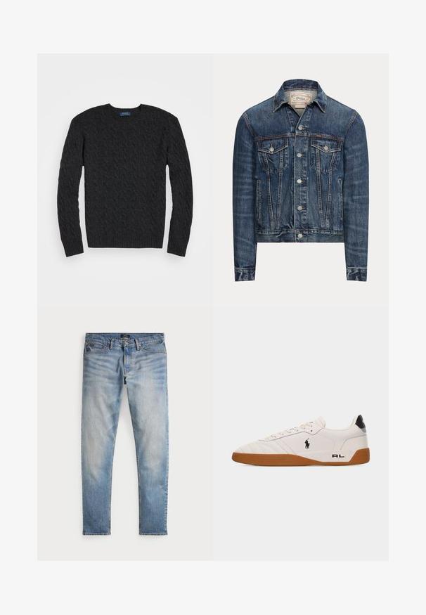 Blå denimjakke med knaplukning, to brystlommer med klap, sidelommer og synlig syning, mærket Polo Ralph Lauren indeni kraven.; Mørkegrå kabelstrik sweater med lange ærmer, rund hals og ribbede manchetter og kant. Fremstillet af et struktureret stof for varme.; Lys blå denimjeans med en falmet finish, fem-lomme design og kontraststing. Har lynlås og bæltesløjfer. Lige pasform.; Hvid lav sneakers med brun gummisål, sort Polo Ralph Lauren-logo på siden og "RL" tekst på hælområdet.
