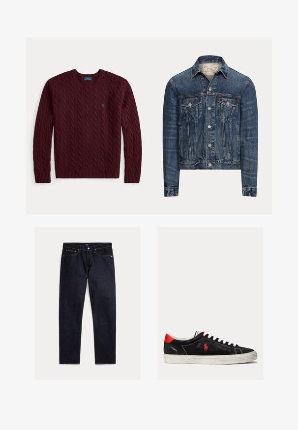 Blauwe spijkerjas met knoopsluiting, twee borstflappenzakken, zijzakken en zichtbare stiksels, met Polo Ralph Lauren-label aan de binnenkant van de kraag.; Bordeaux kabelgebreide trui met ronde hals, lange mouwen en een klein groen Polo Ralph Lauren-logo op de borst.; Donker indigoblauwe rechte jeans met vijf zakken, knoop- en ritsluiting en contrasterende oranje stiksels op een effen achtergrond.; Zwarte suede sneakers met witte veters, rode accenten op de hak en een klein rood logo. Beschikt over een platte rubberen zool en eenvoudige stiksels.