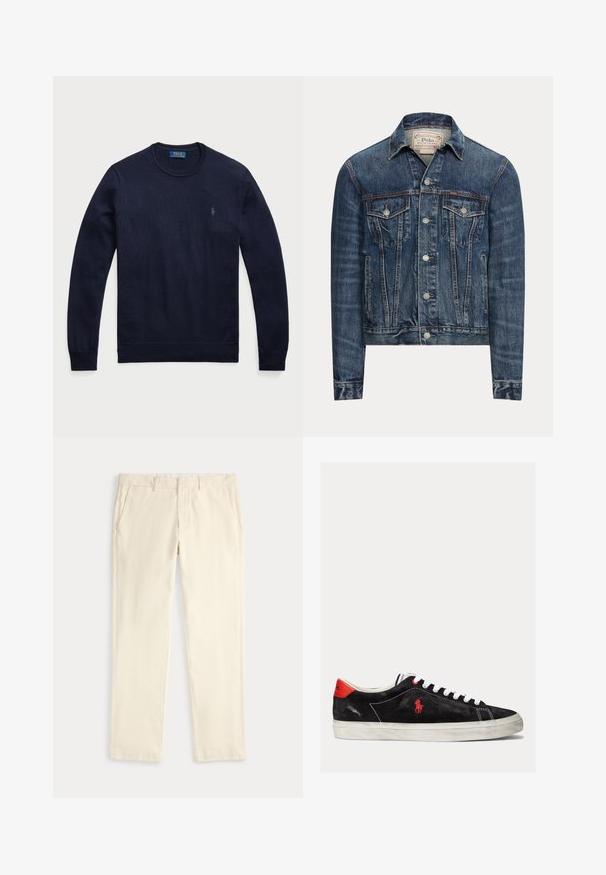 Blaue Jeansjacke mit Knopfverschluss, zwei Brustklappentaschen, Seitentaschen und sichtbaren Nähten, mit Polo Ralph Lauren-Label im Innenkragen.; Marineblauer Rundhals-Pullover aus Strickstoff mit gerippten Bündchen und Saum, mit einem kleinen gestickten Logo auf der linken Brust.; Cremefarbene, gerade geschnittene Hose mit Gürtelschlaufen und Seitentaschen, flach auf hellem Hintergrund dargestellt.; Schwarze Wildleder-Sneaker mit weißen Schnürsenkeln, roten Akzenten an der Ferse und einem kleinen roten Logo. Sie verfügen über eine flache Gummisohle und einfache Nähte.
