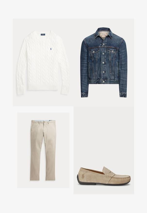 Blauwe spijkerjas met knoopsluiting, twee borstflappenzakken, zijzakken en zichtbare stiksels, met Polo Ralph Lauren-label aan de binnenkant van de kraag.; Witte kabelgebreide trui met ronde hals, lange mouwen en klein blauw Polo Ralph Lauren-logo op de linkerborst.; Beige katoenen broek met rechte pijpen, voorzakken, riemlussen, knoopsluiting en ritssluiting, plat liggend op een witte achtergrond.; Beige suède instappers met een gestikt detail, platte rubberen zool en een klein logo aan de zijkant. Klassiek instapontwerp, zachte textuur.