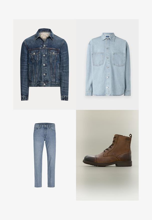 Blå denimjakke med knaplukning, to brystlommer med klap, sidelommer og synlig syning, mærket Polo Ralph Lauren indeni kraven.; Lys blå denim skjorte med lange ærmer, knaplukning, to brystlommer og en klassisk krave. Tekstureret stof med lige søm.; Lysblå denimbukser med lige ben, fem lomme-design, syninger og knaplukning i taljen.; Brun læderstøvle med snørebånd, sort tåhætte, rund sål og mærket detalje på siden mod ensfarvet baggrund.