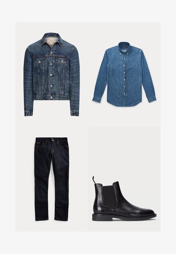 Blaue Jeansjacke mit Knopfverschluss, zwei Brustklappentaschen, Seitentaschen und sichtbaren Nähten, mit Polo Ralph Lauren-Label im Innenkragen.; Langärmeliges blaues Denim-Hemd mit Knöpfen, Kragen und kleinem eingesticktem Logo auf der linken Brust.; Dunkelblaue Jeans mit geradem Bein, Vordertaschen und sichtbaren Nähten, flach auf einem hellen Hintergrund liegend.; Schwarze Leder Chelsea-Stiefel mit elastischen Seitenteilen, strukturiertem Finish, abgerundeter Spitze und niedrigem, gestapeltem Absatz. Verfügt über eine Zuglasche für leichtes Anziehen.