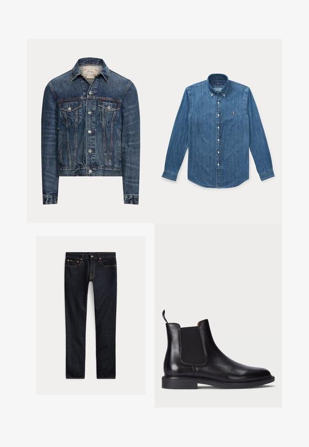 Blaue Jeansjacke mit Knopfverschluss, zwei Brustklappentaschen, Seitentaschen und sichtbaren Nähten, mit Polo Ralph Lauren-Label im Innenkragen.; Langärmeliges blaues Denim-Hemd mit Knöpfen, Kragen und kleinem eingesticktem Logo auf der linken Brust.; Dunkelblaue Slim-Fit-Jeans mit fünf Taschen, Knopfverschluss und Kontrastnähten, flach auf hellem Hintergrund ausgelegt.; Schwarze Leder Chelsea-Stiefel mit elastischen Seitenteilen, strukturiertem Finish, abgerundeter Spitze und niedrigem, gestapeltem Absatz. Verfügt über eine Zuglasche für leichtes Anziehen.