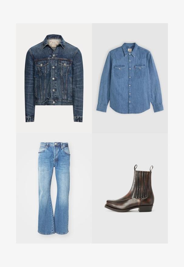 Modrá rifľová bunda so zapínaním na gombíky, dvoma náprsnými vreckami s chlopňami, bočnými vreckami a viditeľným prešívaním, označená Polo Ralph Lauren vo vnútri goliera.; Modrá rifľová košeľa s dlhým rukávom, špicatým golierom, zapínaním na gombíky vpredu a dvoma náprsnými vreckami s gombíkovými chlopňami na jednofarebnom pozadí.; Svetlomodré denimové džínsy so širokým strihom, klasickým piatimi vreckami, zipsom a kontrastným prešívaním pozdĺž švov.; Hnedé kožené členkové topánky s hladkým povrchom, elastickými bočnými panelmi, okrúhlou špičkou, dekoratívnym prešívaním a nízkym blokovým podpätkom.