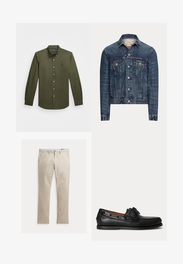 Blauwe spijkerjas met knoopsluiting, twee borstflappenzakken, zijzakken en zichtbare stiksels, met Polo Ralph Lauren-label aan de binnenkant van de kraag.; Overhemd met lange mouwen en knopen in olijfgroen katoen. Voorzien van een klein geborduurd logo op de borst, een standaard kraag en knoopaccenten.; Beige katoenen broek met rechte pijpen, voorzakken, riemlussen, knoopsluiting en ritssluiting, plat liggend op een witte achtergrond.; Zwarte leren mocassin met veterdetail en lage rubberen zool, zijaanzicht op een eenvoudige lichte achtergrond.