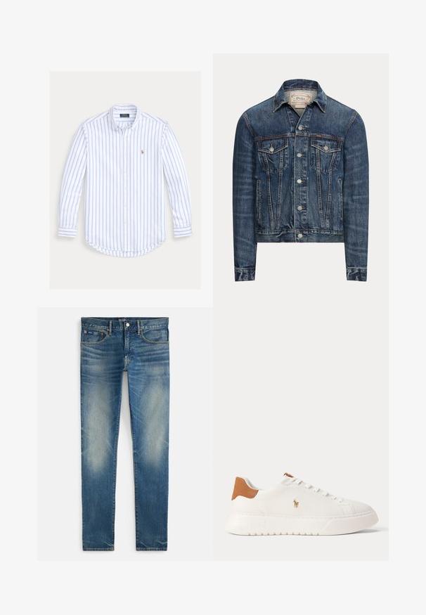 Modrá rifľová bunda so zapínaním na gombíky, dvoma náprsnými vreckami s chlopňami, bočnými vreckami a viditeľným prešívaním, označená Polo Ralph Lauren vo vnútri goliera.; Košeľa s dlhým rukávom na gombíky, s bledomodrými zvislými pruhmi a malým vyšívaným logom na ľavej strane hrude.; Modré vyblednuté úzke džínsy s gombíkom a zipsom na zapínanie, prednými vreckami a malým mincovníkom, zobrazené na bielom pozadí.; Biely nízky teniska s béžovou pätovou záložkou, bielymi šnúrkami a malým vyšívaným logom hráča póla na boku nad tlustou podrážkou.