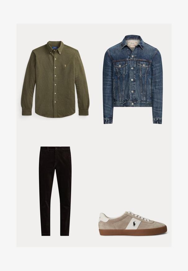 Blaue Jeansjacke mit Knopfverschluss, zwei Brustklappentaschen, Seitentaschen und sichtbaren Nähten, mit Polo Ralph Lauren-Label im Innenkragen.; Langärmeliges olivgrünes Hemd mit Kragen und kleinem besticktem Logo auf der linken Brust.; Schwarze Slim-Fit-Cordhosen mit Knopf- und Reißverschluss, Gürtelschlaufen und schlichtem Vorderdesign auf weißem Hintergrund.; Beiger Wildleder-Sneaker mit niedrigem Schaft, weißen Schnürsenkeln, weißem Lederakzent mit schwarzem Pferdelogo und brauner Gummisohle.
