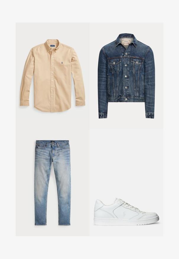 Blauwe spijkerjas met knoopsluiting, twee borstflappenzakken, zijzakken en zichtbare stiksels, met Polo Ralph Lauren-label aan de binnenkant van de kraag.; Lichtbeige overhemd met knopen van katoen, met een klassieke kraag, lange mouwen, witte knopen en een klein blauw logo op de borst.; Lichtblauwe denim jeans met een vervaagde afwerking, vijfzakkenontwerp en contrasterende stiksels. Heeft een ritssluiting en riemlussen. Rechte snit.; Witte leren sneaker met een gladde textuur, voorzien van een geperforeerde neus, vetersluiting en geborduurde logo aan de zijkant. Witte rubberen zool.