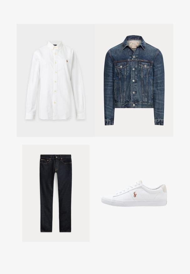 Modrá rifľová bunda so zapínaním na gombíky, dvoma náprsnými vreckami s chlopňami, bočnými vreckami a viditeľným prešívaním, označená Polo Ralph Lauren vo vnútri goliera.; Biela košeľa s dlhým rukávom na zapínanie na gombíky s golierom a malým vyšívaným logom na ľavej strane hrude na jednofarebnom pozadí.; Tmavomodré slim-fit džínsy s piatimi vreckami, zapínaním na gombíky a kontrastným prešívaním, položené na svetlom pozadí.; Biele plátenné tenisky s nízkym strihom, ktoré majú béžový opasok na päte a malé vyšívané logo na boku. Gumová podrážka.