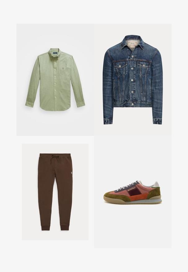 Blauwe spijkerjas met knoopsluiting, twee borstflappenzakken, zijzakken en zichtbare stiksels, met Polo Ralph Lauren-label aan de binnenkant van de kraag.; Lichtgroen langemouwige overhemd met knoopsluiting, voorzien van een puntige kraag, een klein geborduurd logo op de borst en parelknopen.; Bruine joggingbroek met trekkoord in de taille en geribde boorden, met een klein wit geborduurd logo op de rechterdij.; PS Paul Smith DOVER - Sneakers laag - pink