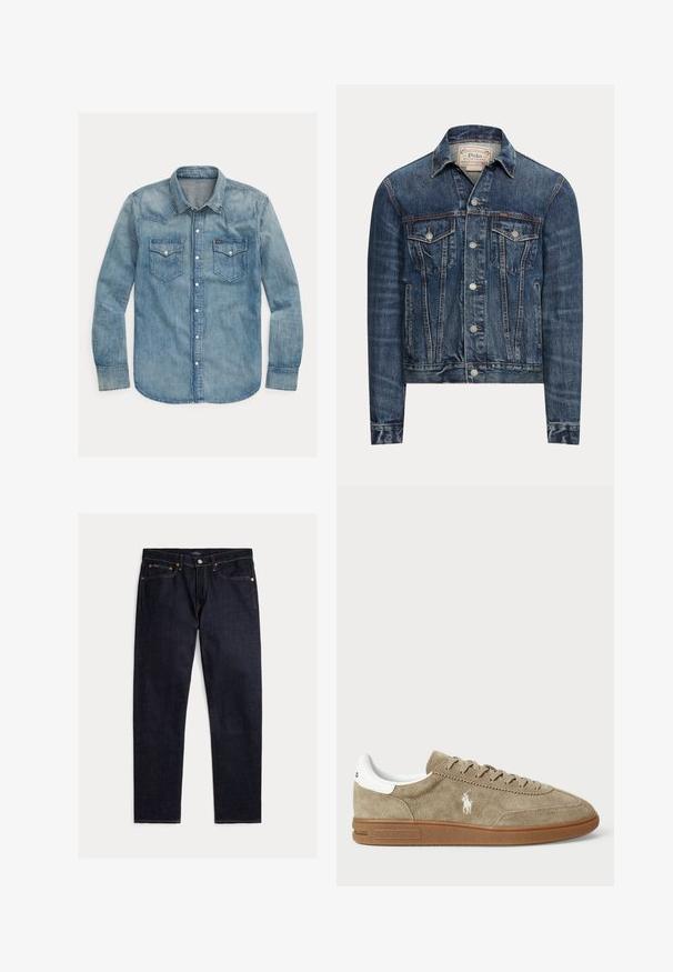 Sinine teksajakk nööpkinnitusega, kahe rinnatasku kaant, küljetaskud ja nähtavad õmblused, märgistatud Polo Ralph Lauren sisevoldil.; Hele sinine teksapusa, millel on terav krae, pikad varrukad, kaks rinnataskut ja nupuvajutusega kinnitused. Klassikaline läänelike stiil.; Tumedad indigotooni sirge lõikega teksapüksid viie tasku, nööbi- ja tõmblukuga ning kontrastse oranži õmblusega ühevärvilisel taustal.; Tammepunased sneakers, millel on valged aktsendid, ümmargune varvas ja nööridega disain. Omab rikka logot ja kummi tallat, mis tagavad hea haarde.