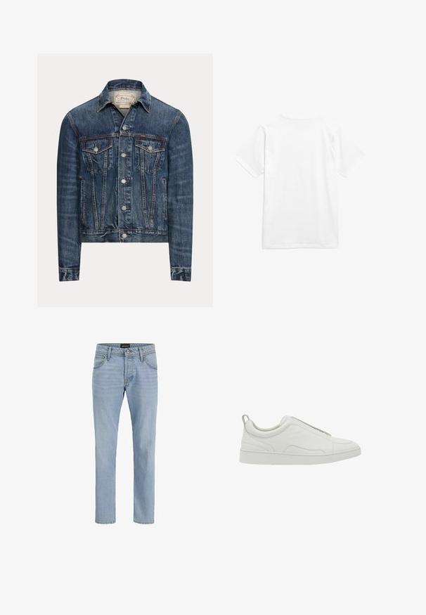 Blauwe spijkerjas met knoopsluiting, twee borstflappenzakken, zijzakken en zichtbare stiksels, met Polo Ralph Lauren-label aan de binnenkant van de kraag.; Witte katoenen t-shirt met korte mouwen en een ronde hals. De stof lijkt glad zonder patronen of zichtbare hardware.; Lichtblauwe denim jeans met een slim fit, vijf zakken, subtiele vervaagde textuur en metalen hardware bij de rits en knoopsluiting.; Witte lage sneaker met instapmodel, gevoerde kraag en treklipje bij de hiel, met een dikke rubberen zool en glad leren bovenwerk.
