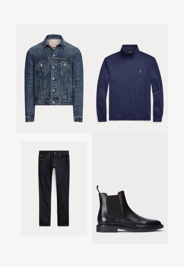 Blauwe spijkerjas met knoopsluiting, twee borstflappenzakken, zijzakken en zichtbare stiksels, met Polo Ralph Lauren-label aan de binnenkant van de kraag.; Marineblauw shirt met lange mouwen en col, met een klein geborduurd oranje Polo-logo op de linkerborst.; Donkerblauwe slim-fit jeans met vijf zakken, knoopsluiting en contrasterende stiksels, plat gelegd op een lichte achtergrond.; Zwarte leren Chelsea-boot met elastische zijpanelen, een gestructureerde afwerking, een ronde neus en een lage gestapelde hak. Voorzien van een trekband voor gemakkelijk aan- en uittrekken.