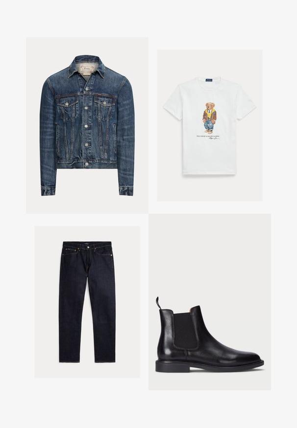 Blaue Jeansjacke mit Knopfverschluss, zwei Brustklappentaschen, Seitentaschen und sichtbaren Nähten, mit Polo Ralph Lauren-Label im Innenkragen.; Weißes Baumwoll-T-Shirt mit einer Grafik eines gekleideten Cartoon-Bären. Auffällige Details sind eine braune Jacke, eine gelbe Kapuzenjacke und blaue Jeans.; Dunkel indigoblaue Jeans mit geradem Bein, fünf Taschen, Knopf- und Reißverschluss und kontrastierenden orangen Nähten auf einfarbigem Hintergrund.; Schwarze Leder Chelsea-Stiefel mit elastischen Seitenteilen, strukturiertem Finish, abgerundeter Spitze und niedrigem, gestapeltem Absatz. Verfügt über eine Zuglasche für leichtes Anziehen.