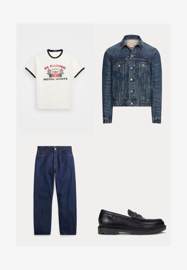 Blå denimjakke med knaplukning, to brystlommer med klap, sidelommer og synlig syning, mærket Polo Ralph Lauren indeni kraven.; Hvid bomulds t-shirt med sort ringkant ved krave og ærmer. Har rød og sort grafisk print med en illustration af en racers bil og ternede flag.; Mørkeblå denimjeans med lige ben, fem lommer, knaplukning og synlige syninger.; Sort læderloafer med tyk, mønstret sål og lille grøn "Polo"-mærke på ydersiden nær hælen.