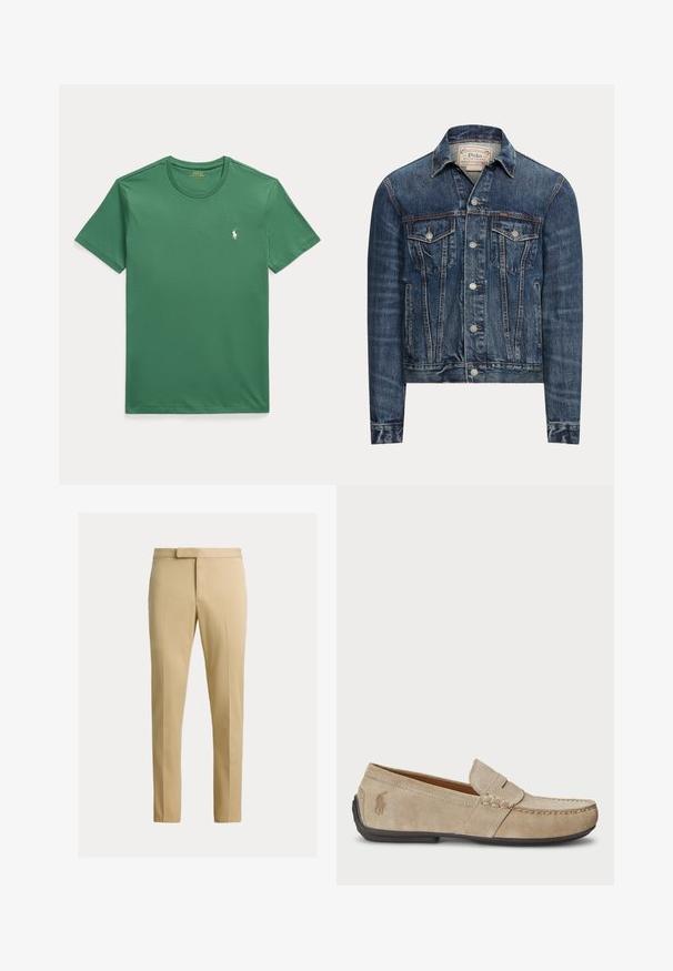 Modrá rifľová bunda so zapínaním na gombíky, dvoma náprsnými vreckami s chlopňami, bočnými vreckami a viditeľným prešívaním, označená Polo Ralph Lauren vo vnútri goliera.; Zelené tričko s krátkym rukávom a okrúhlym výstrihom s malým bielym logom koníka Polo Ralph Lauren na ľavej strane hrudníka.; Béžové nohavice slim fit s predným záhybom, pútkami na opasok a skrytým predným zapínaním na jednofarebnom svetlom pozadí.; Béžové semišové mokasíny s prešívaním, plochou gumenou podrážkou a malým logom na strane. Klasický dizajn na obúvanie, mäkká textúra.