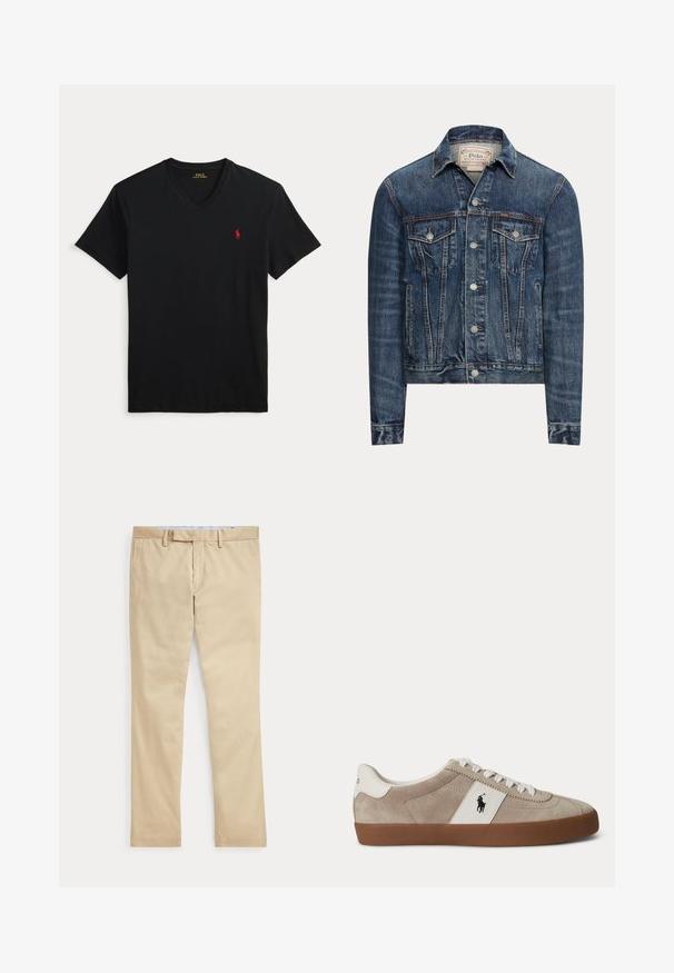 Blå denimjakke med knaplukning, to brystlommer med klap, sidelommer og synlig syning, mærket Polo Ralph Lauren indeni kraven.; Sort V-hals T-shirt med korte ærmer og et lille rødt Polo Ralph Lauren-logo på venstre bryst.; Beige bukser med lige ben, bæltestropper og frontlynlås, lagt fladt mod en hvid baggrund.; Beige ruskind lav-top sneaker med hvide snørebånd, hvid læder accent med sort hest logo og brun gummisål.
