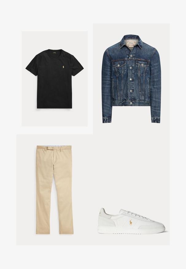 Blauwe spijkerjas met knoopsluiting, twee borstflappenzakken, zijzakken en zichtbare stiksels, met Polo Ralph Lauren-label aan de binnenkant van de kraag.; Zwart T-shirt met korte mouwen en ronde hals met klein geel Polo Ralph Lauren-logo op de linkerborst.; Beige broek met rechte pijpen, ceintuurlussen en een voorrits, plat gelegd tegen een witte achtergrond.; Witte lage sneaker met vetersluiting, gouden Polo Ralph Lauren-logo aan de zijkant en een gestructureerde zool op een effen achtergrond.