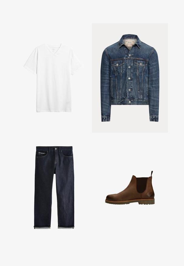 Blauwe spijkerjas met knoopsluiting, twee borstflappenzakken, zijzakken en zichtbare stiksels, met Polo Ralph Lauren-label aan de binnenkant van de kraag.; Witte korte mouwen v-hals t-shirt gemaakt van katoen. Beschikt over een relaxte pasvorm en een zachte textuur zonder zichtbare patronen of graphics.; Donkerblauwe spijkerbroek met opgerolde pijpen, knoop- en ritssluiting, voor- en muntzakken en contrasterende stiksels op een witte achtergrond.; Bruine leren Chelsea-boot met elastische zijpanelen, ronde neus en getextureerde rubberen zool. Voorzien van een trekhaak voor gemakkelijk aan- en uittrekken.