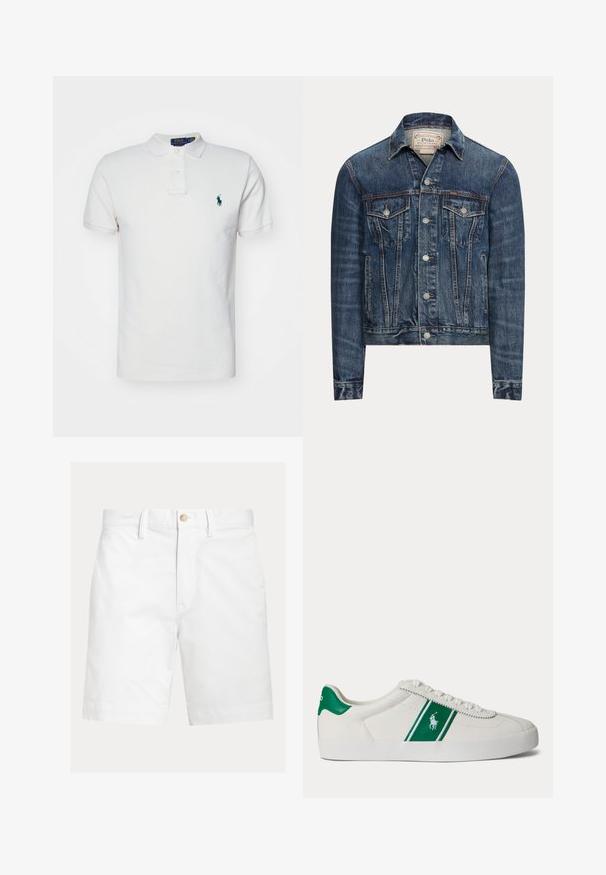 Modrá rifľová bunda so zapínaním na gombíky, dvoma náprsnými vreckami s chlopňami, bočnými vreckami a viditeľným prešívaním, označená Polo Ralph Lauren vo vnútri goliera.; Biela polo košeľa vyrobená z bavlny, s klasickým golierom, krátkymi rukávmi a zeleným vyšitým logom na ľavej hrudi.; Biele šortky po kolená s pútkami na opasok a hnedým gombíkom na zapínanie v páse, zobrazené na jednoduchom pozadí.; Biele nízke tenisky s zeleným pruhom a logom Polo na boku, zelený jazyk na päte a biele šnúrky, zobrazené z ľavej strany na jednoduchom pozadí.