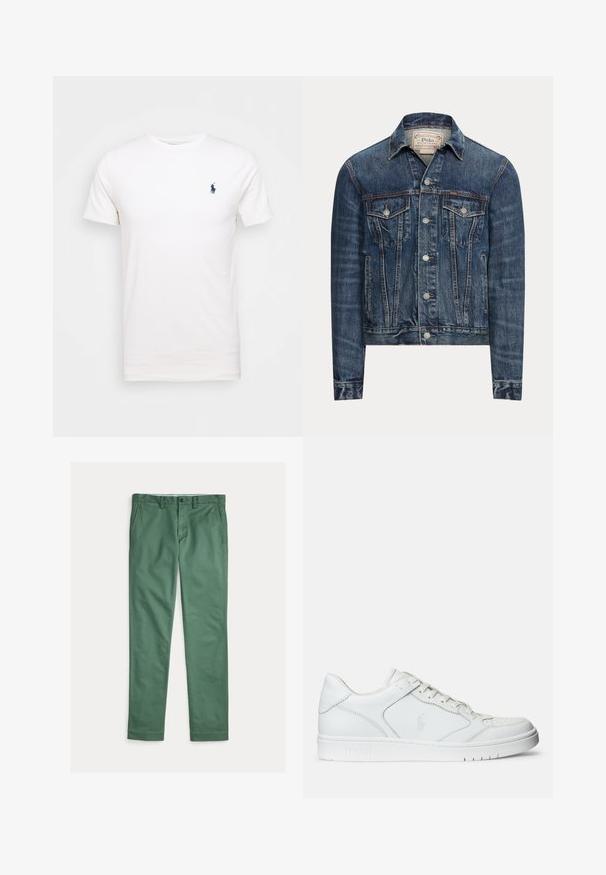 Cazadora vaquera azul con cierre de botones, dos bolsillos con solapa en el pecho, bolsillos laterales y costuras visibles, etiquetada Polo Ralph Lauren en el interior del cuello.; Camiseta de algodón blanca con cuello redondo. Presenta un pequeño logo azul oscuro en el lado izquierdo del pecho. Mangas cortas, textura suave.; Pantalones verdes de corte recto para hombre con bolsillos delanteros, trabillas para cinturón y cierre de botón, mostrados extendidos sobre un fondo blanco.; Zapatilla de cuero blanca con textura suave, que presenta una puntera perforada, cierre de cordones y logo bordado en el lateral. Suela de goma blanca.
