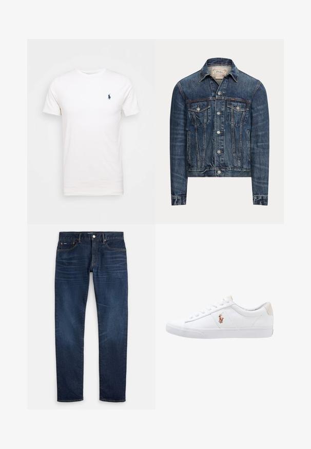 Veste en jean bleue avec fermeture par boutons, deux poches poitrine à rabat, poches latérales et coutures apparentes, étiquetée Polo Ralph Lauren à l'intérieur du col.; T-shirt en coton blanc à col rond. Présente un petit logo bleu marine sur la poitrine gauche. Manches courtes, texture lisse.; Jean slim bleu foncé avec un léger délavage sur les cuisses, design à cinq poches et fermeture à bouton à la taille.; Baskets en toile blanches avec un design basse, présentant un onglet de talon beige et un petit logo brodé sur le côté. Semelle en caoutchouc.