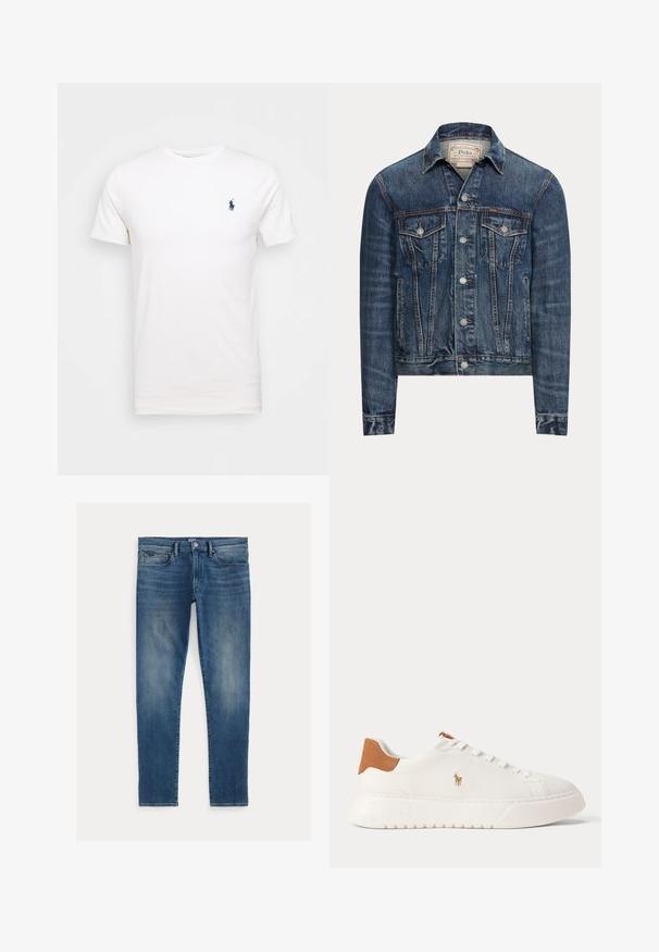 Modrá rifľová bunda so zapínaním na gombíky, dvoma náprsnými vreckami s chlopňami, bočnými vreckami a viditeľným prešívaním, označená Polo Ralph Lauren vo vnútri goliera.; Biela bavlnená tričko s okrúhlym výstrihom. Na ľavej strane hrude je malé tmavomodré logo. Krátke rukávy, hladká textúra.; Modré džíny z denimu s úzkym strihom, prezentujúce vyblednutý efekt, päť vreciek a zips s horným gombíkom. Výrazné švy.; Biely nízky teniska s béžovou pätovou záložkou, bielymi šnúrkami a malým vyšívaným logom hráča póla na boku nad tlustou podrážkou.