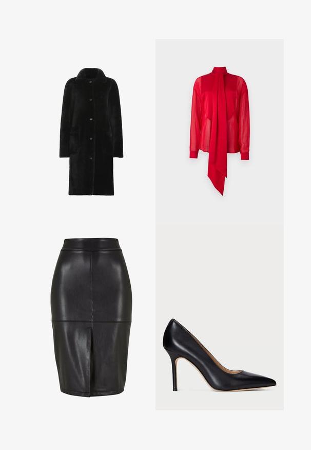 AllSaints SERRA SHEARLING - Talvitakki - black; Punainen, läpikuultava paita korkealla kauluksella ja pitkillä hihoilla. Edessä on näyttävä, roikkuva solmuke ja istuvat hihansuut.; Mustat nahkainen kynähame, jossa on tiukka malli. Hameessa on takareunassa halkio ja sileä pinta. Yksinkertainen vyötärö ja sauman yksityiskohdat.; Musta nahkainen korokepumppu, jossa on teräväkärkinen muotoilu ja hoikka stiletto-korko. Sileä pinta ja vähäinen yksityiskohtaisuus luovat klassisen muotoilun.