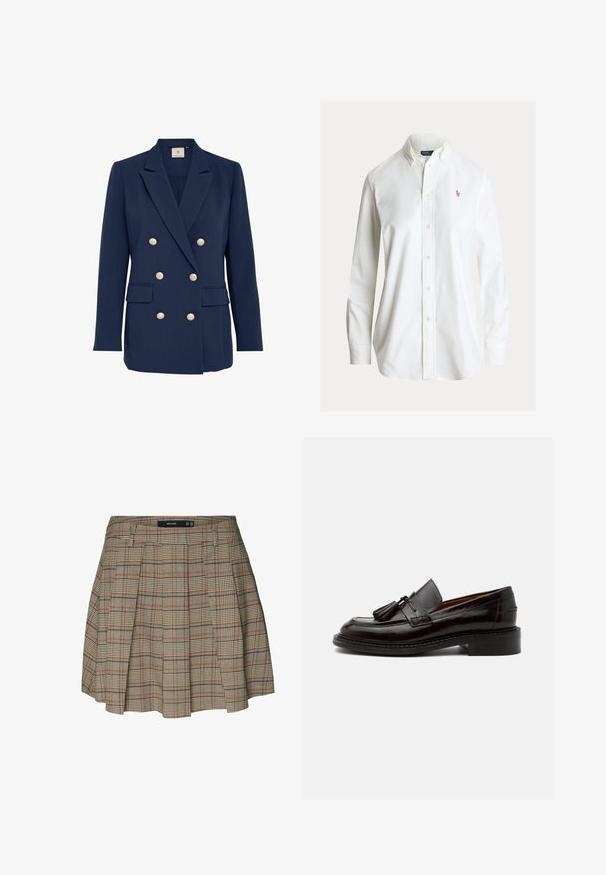 Marineblå dobbeltbrystet blazer med guldbuttons, skarpe revers, to forlommer og en glat tekstur. Skræddersyet pasform.; Hvid skjorte med lange ærmer med knapper og knaplukket krave samt lille broderet polo-spiller logo på venstre bryst.; Vero Moda VMELLIE Mid waist Mini - A-snit nederdel - silver mink; Mørkebrun læderloafer med duske, syningsdetaljer og en lav stablet hæl på en ensfarvet lys baggrund.