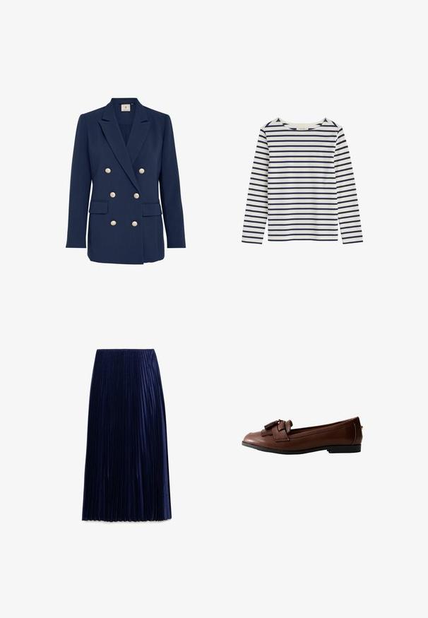 Marineblauwe dubbelgeknoopte blazer met gouden knopen, scherpe revers, twee voorzakken en een gladde textuur. Getailleerde pasvorm.; Wit shirt met lange mouwen en horizontale marineblauwe strepen, met een ronde hals, plat neergelegd op een witte achtergrond.; Navy geplooide midi-jurk gemaakt van lichte stof met een zachte textuur, voorzien van gelijkmatig verdeelde verticale plooien en een elastische tailleband.; Bruine leren loafer met een platte zool, gedetailleerd met een strik en kwastaccent aan de voorkant, met een gladde textuur en een slank ontwerp.