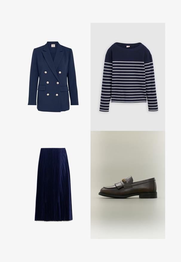 Námornícky modrý dvojradový blejzer so zlatými gombíkmi, ostrými klopami, dvoma prednými vreckami a hladkou textúrou. Česaný strih.; Levi's® MARIN STRIPE - Top s dlhým rukávom - navy/egret; Námornícka plisovaná midi sukňa vyrobená z ľahkej látky s hladkou textúrou, ktorá má rovnomerne rozložené vertikálne záhyby a elastický pás.; Tmavohnedý kožený mokasín s detailom strapcov a zlatou prackou na čiernej podrážke, zobrazený z boku na neutrálnom pozadí.