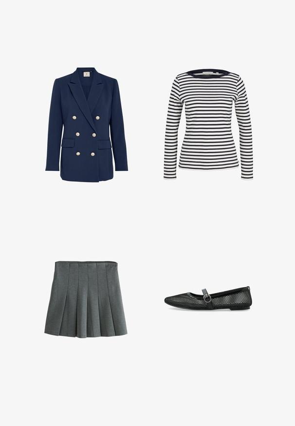 Marineblå dobbeltbrystet blazer med guldbuttons, skarpe revers, to forlommer og en glat tekstur. Skræddersyet pasform.; TOM TAILOR DENIM Langærmet T-shirt - navy/white; Grå plisseret nederdel lavet af let stof, med en tætsiddende talje og strukturerede plisser, der skaber en svungen silhuet.; Sorte mesh balletflade har en rund tå, en tynd rem med spænde og en flad sål. Overdelen har et geometrisk mønster for ventilation.